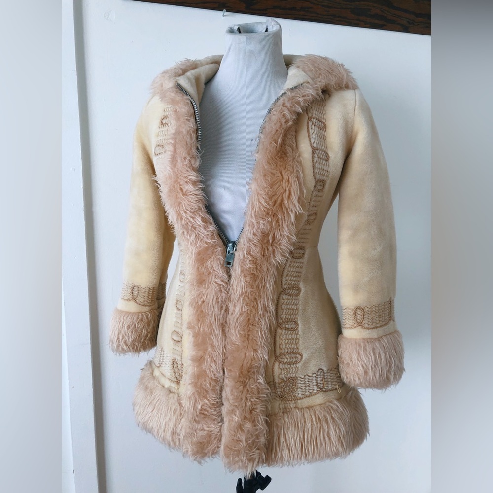 Vintage 60s Embroidered Faux Fur Penny Lane Coat w Hood / Hooded Faux Fur Coat